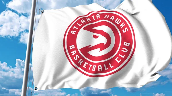 Bandera ondeando con el logotipo del equipo profesional Milwaukee Bucks. Representación Editorial 3D — Foto de Stock