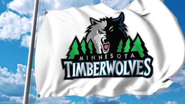 Integetett zászló Minnesota Timberwolves szakmai team logóval. Szerkesztői 3d-leképezés — Stock Fotó