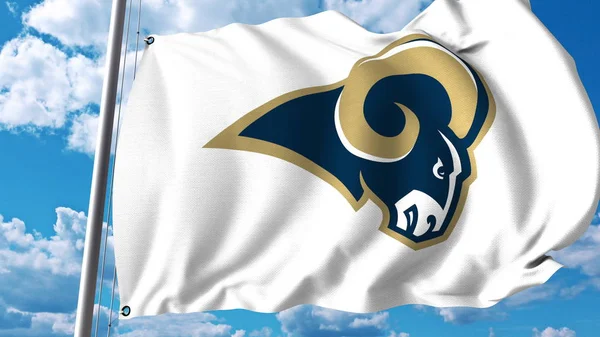 Bandiera sventolante con logo della squadra professionistica dei Los Angeles Rams. Rendering editoriale 3D — Foto Stock