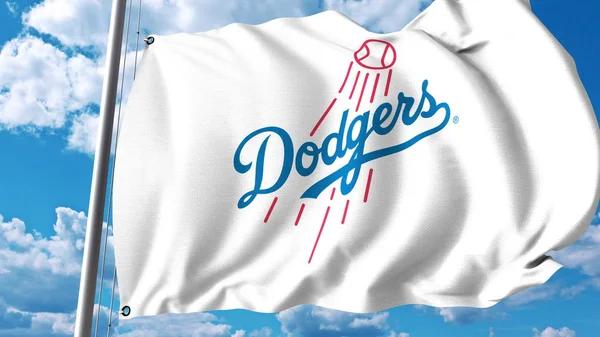 Bandiera sventolante con il logo della squadra dei Los Angeles Dodgers. Rendering editoriale 3D — Foto Stock