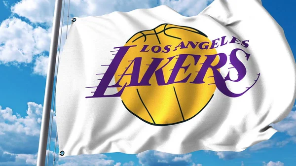 Bandera ondeando con el logotipo del equipo profesional de Los Angeles Lakers. Representación Editorial 3D — Foto de Stock
