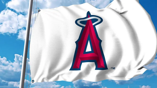 Bandiera sventolante con logo della squadra professionale Los Angeles Angels Of Anaheim. Rendering editoriale 3D — Foto Stock