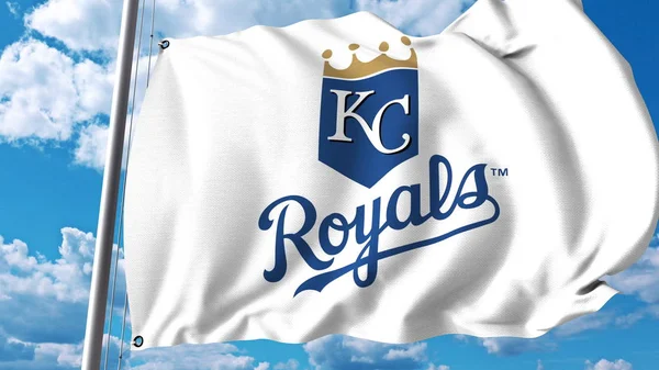 Bandera ondeando con el logotipo del equipo profesional Kansas City Royals. Representación Editorial 3D — Foto de Stock