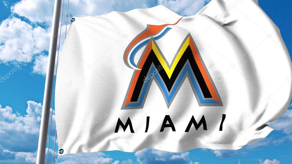 Waving flag with Miami Marlins professional team logo. Editorial 3D