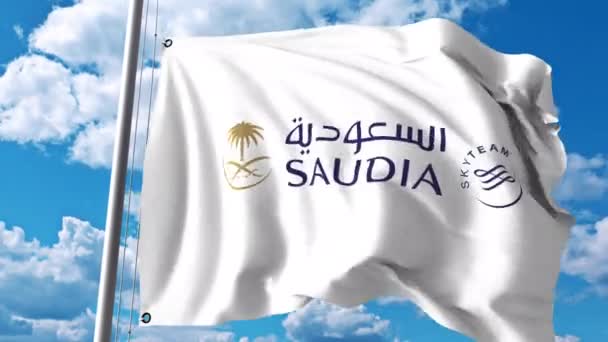 Κυματίζει σημαία με ΣΑΟΥΔΙΚΗ λογότυπο. 4 k κλιπ συντακτική — Αρχείο Βίντεο