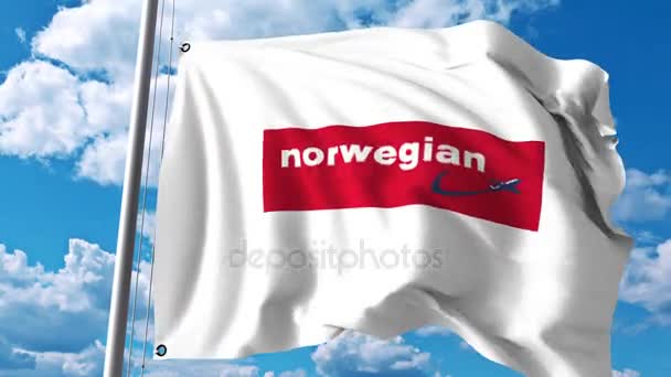 Bandeira ondulada com logotipo da Norwegian Air Shuttle. Clipe editorial 4K — Vídeo de Stock