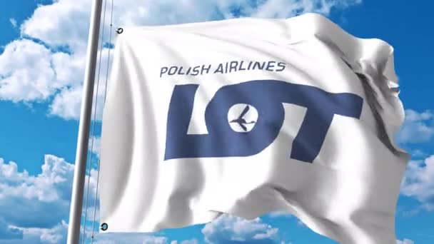 Wapperende vlag met Lot Polish Airlines logo. 4 k redactionele clip — Stockvideo