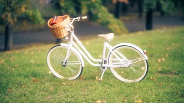 Bicicleta vintage com uma cesta e homem irreconhecível andando na bicicleta clássica para um piquenique no parque de outono — Vídeo de Stock