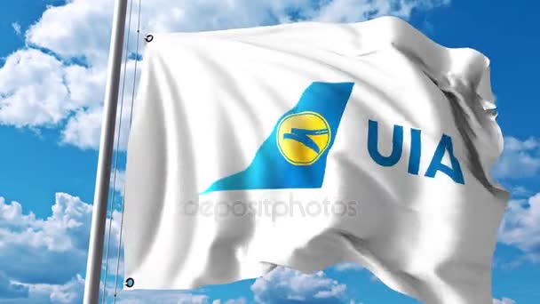 Wapperende vlag met logo van de Ukraine International Airlines. 4 k redactionele clip — Stockvideo