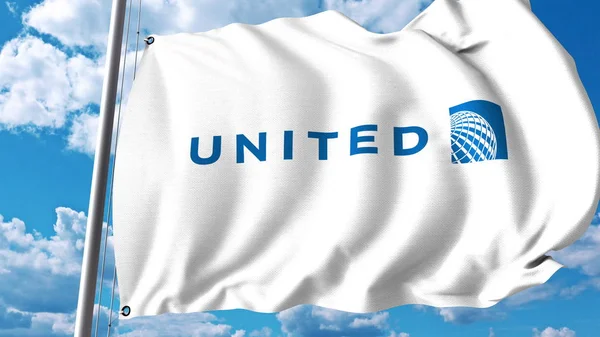 United Airlines logolu bayrak sallıyor. 3D render — Stok fotoğraf