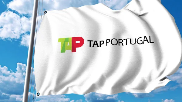 Acenando bandeira com o logotipo da Tap Portugal. Renderização 3D — Fotografia de Stock