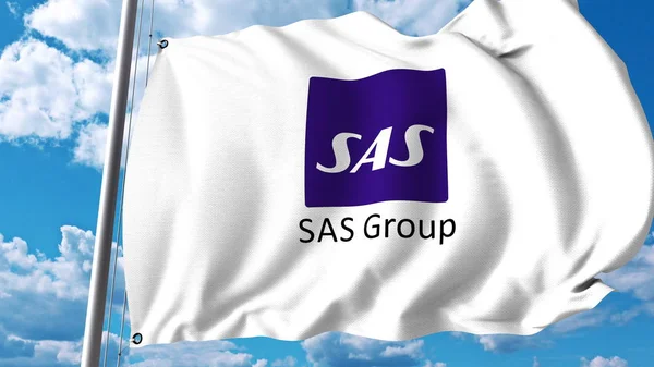 Bandiera sventolante con logo SAS Group. Rendering 3D — Foto Stock