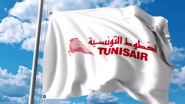 Flagge mit Tunisair-Logo. 4k Editorial Clip — Stockvideo