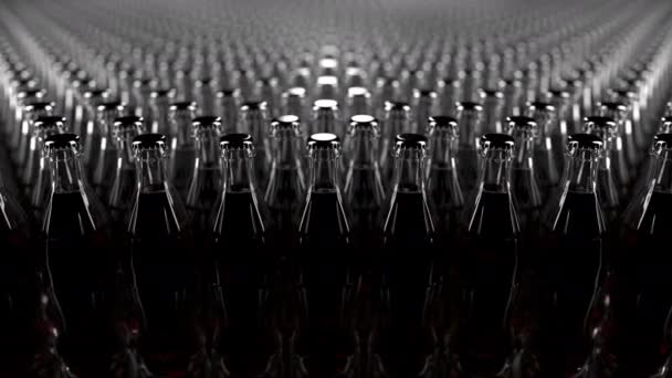 Múltiples botellas de cola, iluminación de bajo consumo. Producción industrial de refrescos, sed o grandes conceptos de fiesta. Clip 4K de bucle sin costura — Vídeo de stock