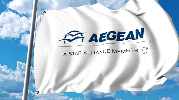 Waving flag with Aegean Airlines logo. 3D rendering — Stock Photo, Image