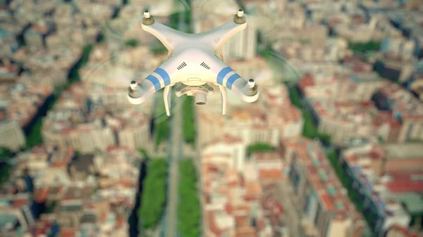 Aerial view of drone flying above the city blocks, shallow focus. 3D rendering — Stock Photo, Image