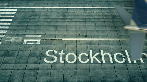 Flygfoto över ett flygplan anländer till Stockholm flygplats. Resa till Sverige 3d-rendering — Stockfoto
