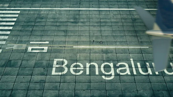 Aerial view of an airplane arriving to Bengaluru airport. Travel to India 3D rendering — Stock Photo, Image