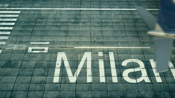 Vue aérienne d'un avion arrivant à l'aéroport de Milan. Voyage en Italie rendu 3D — Photo