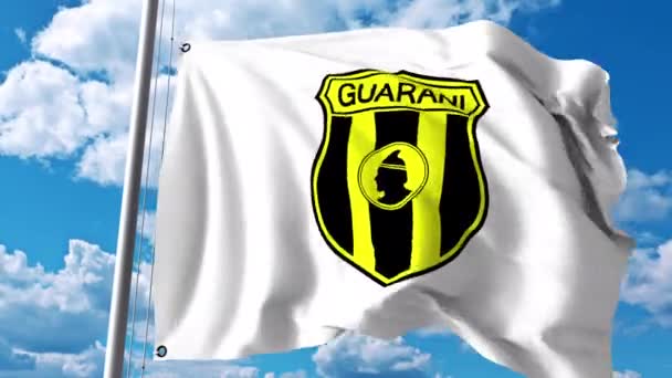 Viftande flagga med Guarani football club logotyp. 4 k redaktionella klipp — Stockvideo