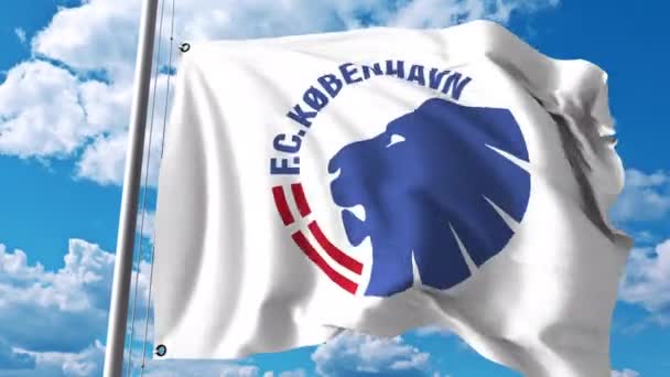 Wapperende vlag met Fc Kopenhagen voetbal club logo. 4 k redactionele clip — Stockvideo