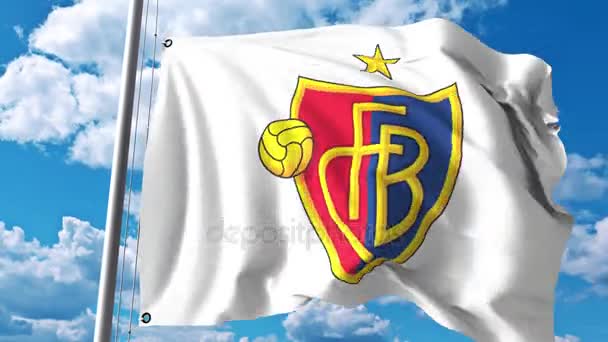 Viftande flagga med Fc Basel football club logotyp. 4 k redaktionella klipp — Stockvideo