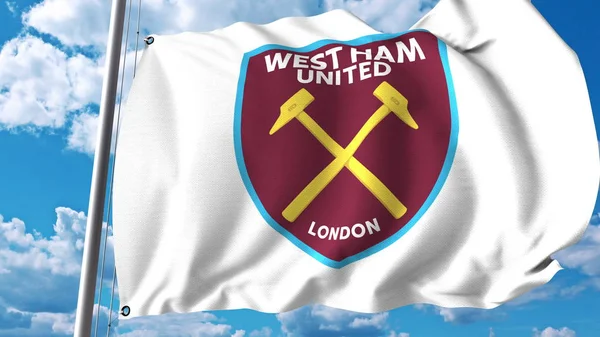 Viftande flagga med West Ham United Fc fotboll club logotyp. Redaktionella 3d-rendering — Stockfoto