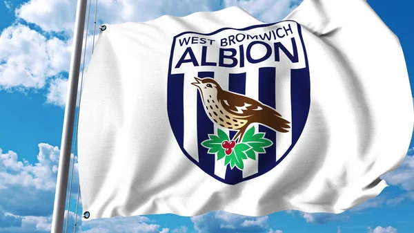 Vlající vlajka s logem klubu West Bromwich Albion Fc fotbal. Úvodník 3d vykreslování — Stock fotografie