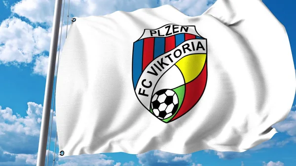 Bandiera sventolante con logo della società calcistica Viktoria Plzen. Rendering editoriale 3D — Foto Stock