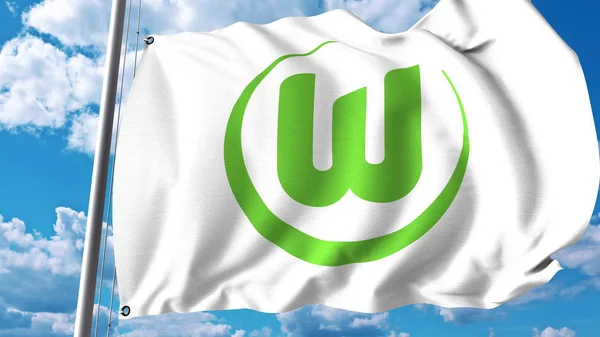 Bandera ondeando con el logotipo del club de fútbol de Wolfsburg. Representación Editorial 3D — Foto de Stock