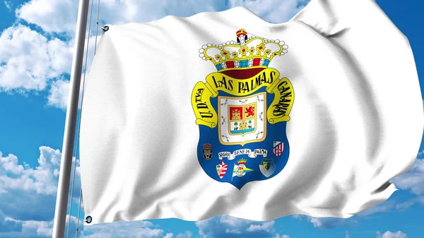 Wapperende vlag met Ud Las Palmas voetbal club logo. Redactioneel 3D-rendering — Stockfoto