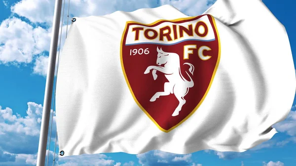 Viftande flagga med Torino Fc fotboll club logotyp. Redaktionella 3d-rendering — Stockfoto