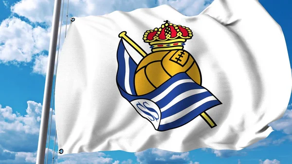 Viftande flagga med Real Sociedad football club logotyp. Redaktionella 3d-rendering — Stockfoto