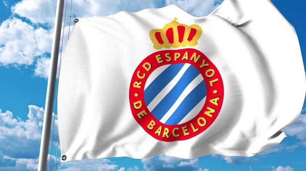 Viftande flagga med Rcd Espanyol fotboll club logotyp. Redaktionella 3d-rendering — Stockfoto