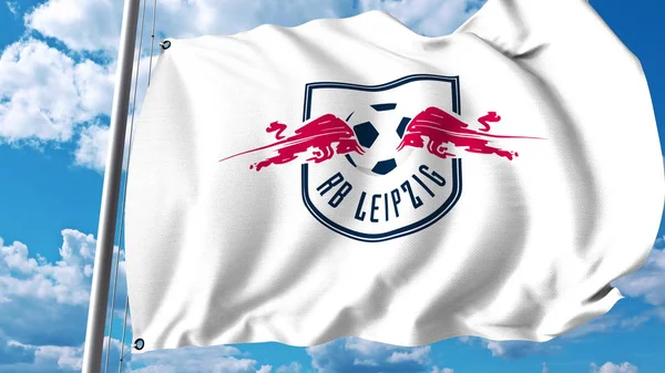 Viftande flagga med Rasenballsport Leipzig football club logotyp. Redaktionella 3d-rendering — Stockfoto