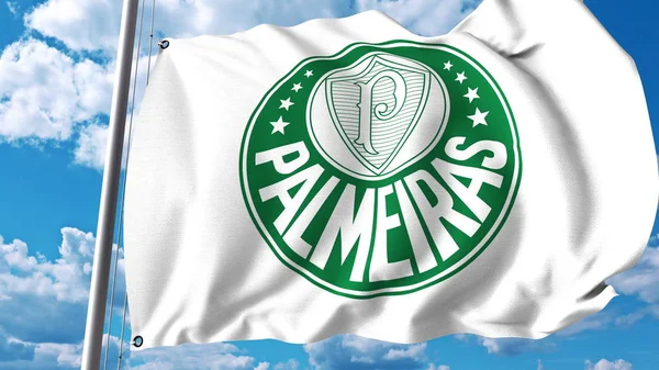 Bandeira ondulada com logotipo do clube de futebol de Palmeiras. Renderização 3D editorial — Fotografia de Stock