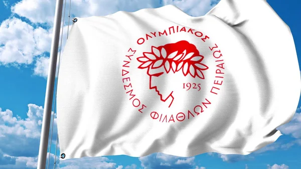 Acenando bandeira com o logotipo do clube de futebol Olympiakos. Renderização 3D editorial — Fotografia de Stock
