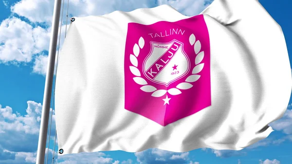 Bandiera sventolante con il logo della squadra di calcio Nomme Kalju FC. Rendering editoriale 3D — Foto Stock