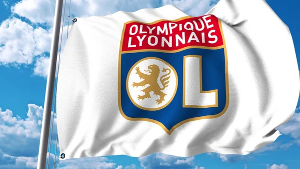 Acenando bandeira com o logotipo do clube de futebol de Lyon. Renderização 3D editorial — Fotografia de Stock