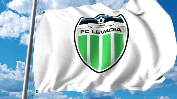 Wapperende vlag met Levadia Tallinn voetbal club logo. Redactioneel 3D-rendering — Stockfoto