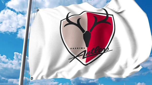 Waving flag with Kashima Antlers football club logo. Editorial 3D rendering — Stock Photo, Image