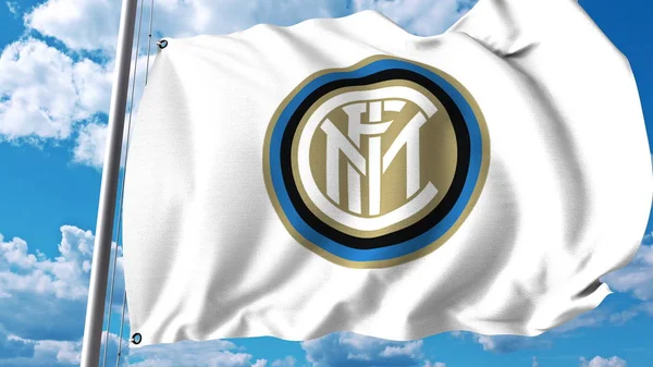 Wapperende vlag met Inter Milaan voetbal club logo. Redactioneel 3D-rendering — Stockfoto