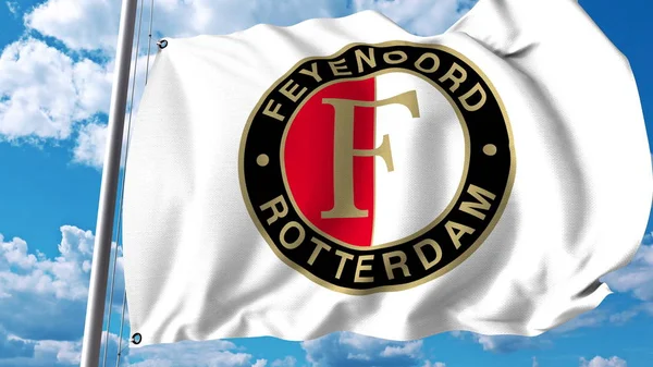 Integetett zászló Feyenoord futball club logóval. Szerkesztői 3d-leképezés — Stock Fotó