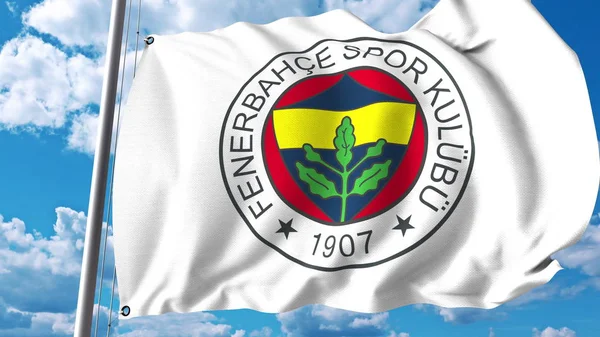 Integetett zászló Fenerbahce football club logóval. Szerkesztői 3d-leképezés — Stock Fotó