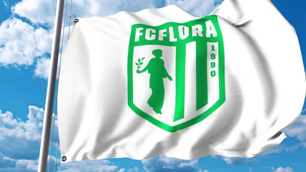 เคลื่อนธงด้วยโลโก้ FC Flora ฟุตบอลคลับ การบรรณาธิการ 3D — ภาพถ่ายสต็อก