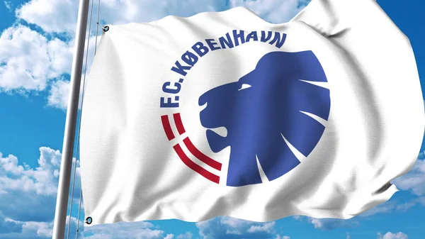 Bandiera sventolante con logo della squadra di calcio FC Copenhagen. Rendering editoriale 3D — Foto Stock