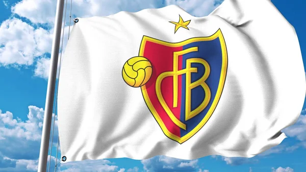 Bandiera sventolante con logo della società calcistica di Basilea. Rendering editoriale 3D — Foto Stock