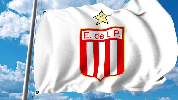Wapperende vlag met Estudiantes de Laplata voetbal club logo. Redactioneel 3D-rendering — Stockfoto