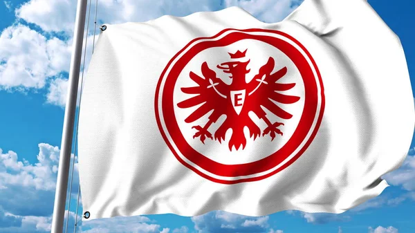 Wapperende vlag met Eintracht Frankfurt voetbal club logo. Redactioneel 3D-rendering — Stockfoto