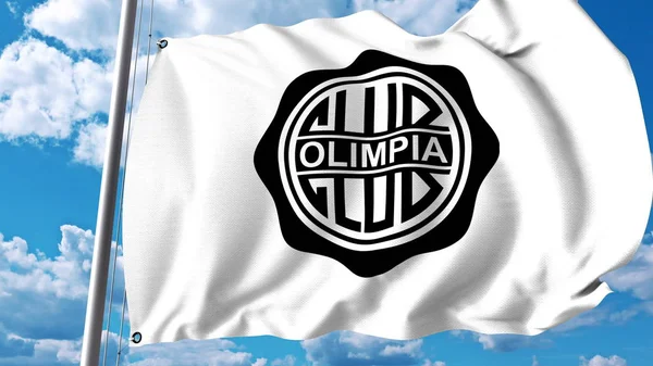 Viftande flagga med Club Olimpia football club logotyp. Redaktionella 3d-rendering — Stockfoto